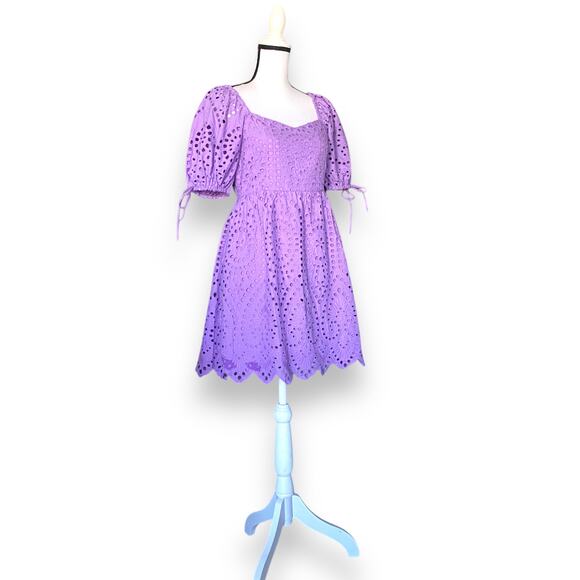 English Factory Scallop Edge Mini Dress Sz S Lavender Purple Puffy Sleeves NWT - Picture 3 of 16